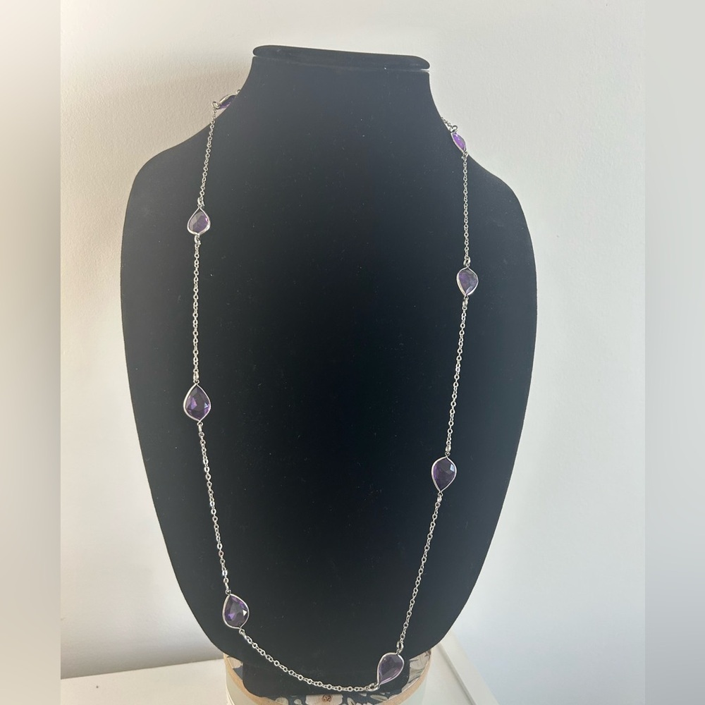 Elegant Silver Tone Necklace with Purple Gems